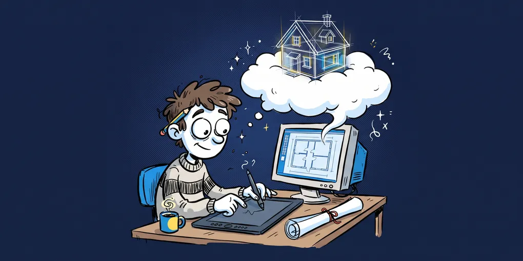 Ilustración estilo cómic de un arquitecto sentado frente a un computador diseñando una casa, que aparece sobre una nube