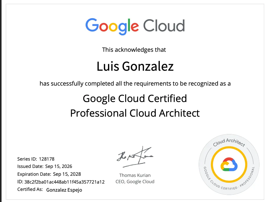 Certificado Google Cloud Certified Professional Cloud Architect a nombre de Luis Gonzalez, emitido el 15 de septiembre de 2026